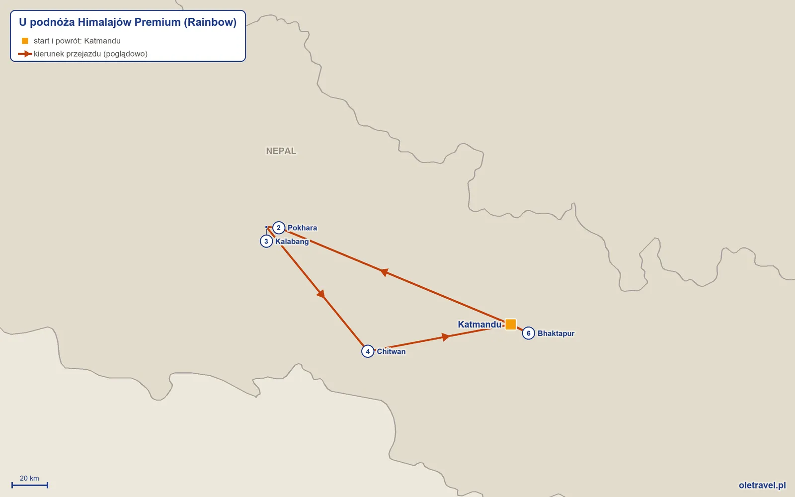 Mapa trasy wycieczki „U podnóża Himalajów Premium” z Rainbow: Katmandu – Pokhara – Kalabang – Chitwan – Katmandu – Bhaktapur – Katmandu