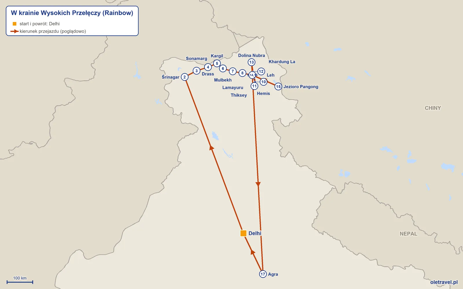 Mapa trasy wycieczki „W krainie Wysokich Przełęczy” z Rainbow: Delhi – Śrinagar – Sonamarg – Drass – Kargil – Mulbekh – Lamayuru – Alchi – Leh – Hemis – Thiksey – Khardung La – Dolina Nubra – Leh – Jezioro Pangong – Leh – Agra – Delhi