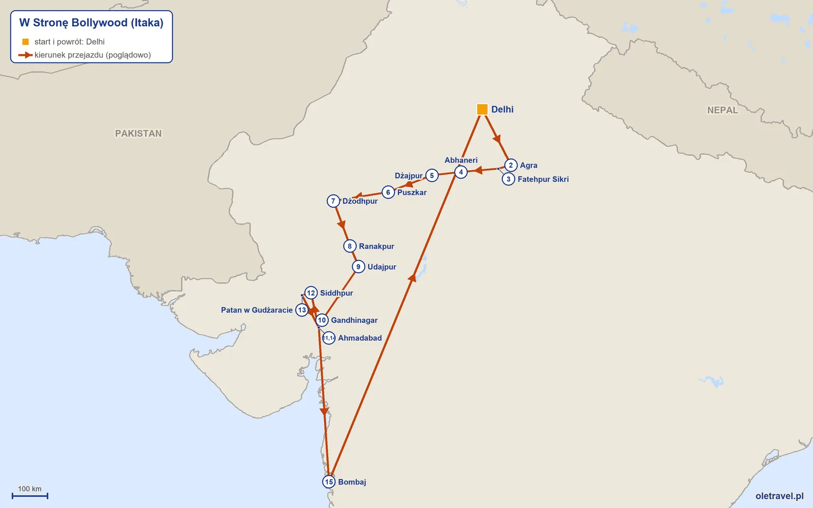 Mapa trasy wycieczki „W Stronę Bollywood” z Itaką: Delhi – Agra – Fatehpur Sikri – Abhaneri – Dżajpur – Puszkar – Dżodhpur – Ranakpur – Udajpur – Gandhinagar – Ahmadabad – Siddhpur – Patan w Gudżaracie – Ahmadabad – Bombaj – Delhi