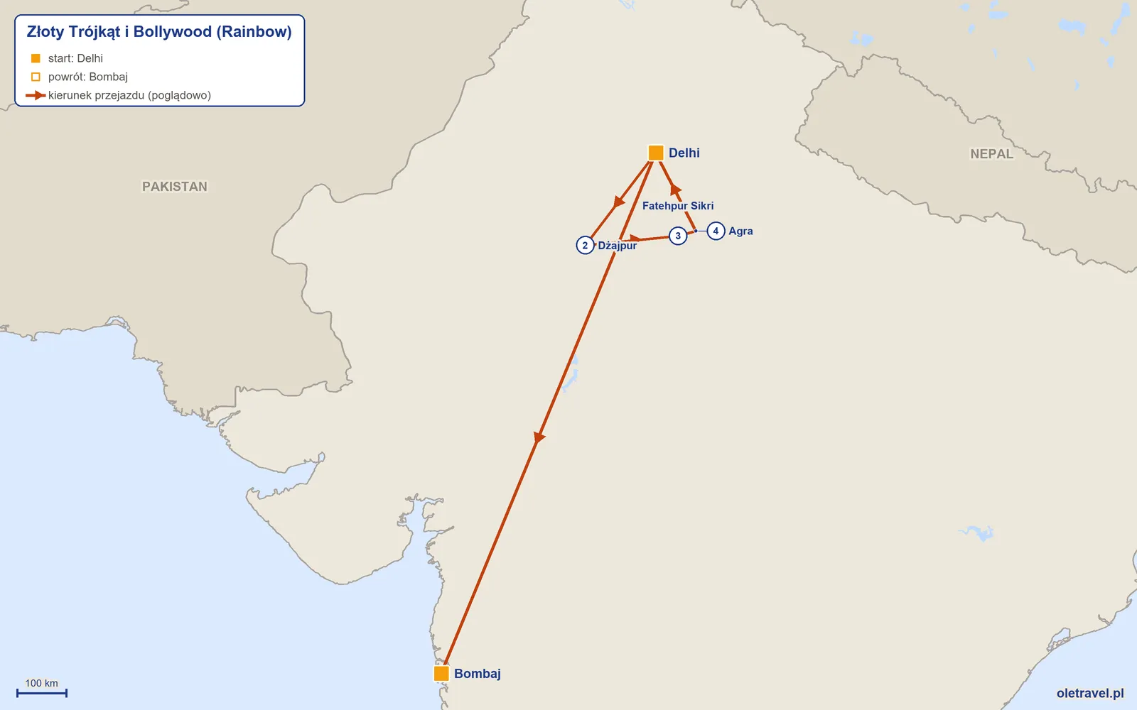 Mapa trasy wycieczki „Złoty Trójkąt i Bollywood” z Rainbow: Delhi – Dżajpur – Fatehpur Sikri – Agra – Delhi – Bombaj