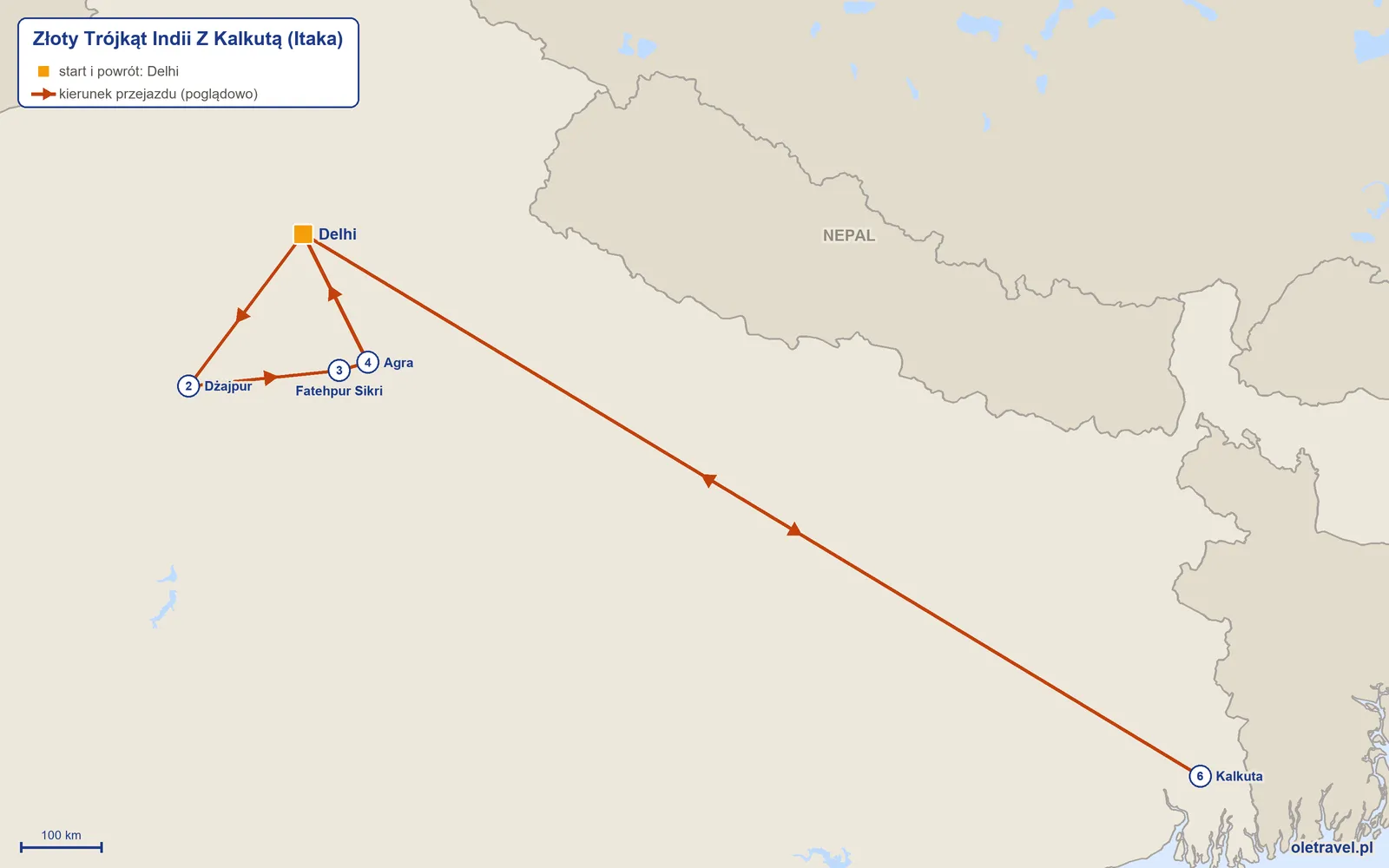 Mapa trasy wycieczki „Złoty Trójkąt Indii Z Kalkutą” z Itaką: Delhi – Dżajpur – Fatehpur Sikri – Agra – Delhi – Kalkuta – Delhi