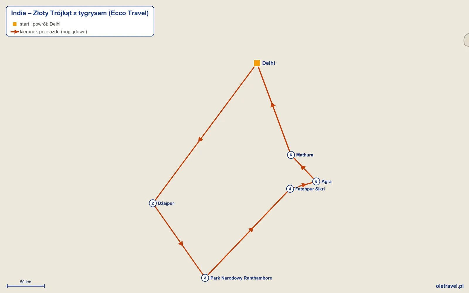 Mapa trasy wycieczki „Indie – Złoty Trójkąt z tygrysem” z Ecco Travel: Delhi – Dżajpur – Park Narodowy Ranthambore – Fatehpur Sikri – Agra – Mathura – Delhi