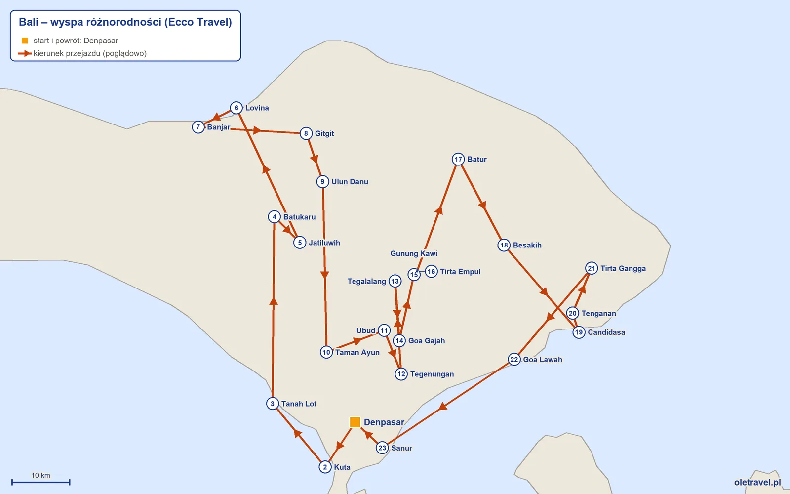 Mapa trasy wycieczki „Bali – wyspa różnorodności” z Ecco Travel: Denpasar – Kuta – Tanah Lot – Batukaru – Jatiluwih – Lovina – Banjar – Gitgit – Ulun Danu – Taman Ayun – Ubud – Tegenungan – Tegalalang – Goa Gajah – Gunung Kawi – Tirta Empul – Batur – Besakih – Candidasa – Tenganan – Tirta Gangga – Goa Lawah – Sanur – Denpasar