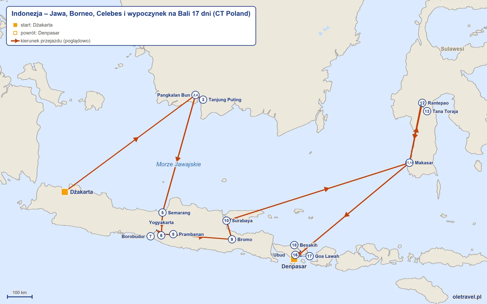 Mapa trasy wycieczki „Indonezja – Jawa, Borneo, Celebes i wypoczynek na Bali 17 dni” z CT Poland: Dżakarta – Pangkalan Bun – Tanjung Puting – Pangkalan Bun – Semarang – Yogyakarta – Borobudur – Prambanan – Bromo – Surabaya – Makasar – Rantepao – Tana Toraja – Makasar – Denpasar – Ubud – Goa Lawah – Besakih – Denpasar