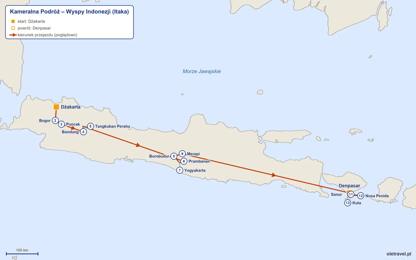 Mapa trasy wycieczki „Kameralna Podróż – Wyspy Indonezji” z Itaką: Dżakarta – Bogor – Puncak – Bandung – Tangkuban Perahu – Prambanan – Yogyakarta – Borobudur – Merapi – Denpasar – Sanur – Nusa Penida – Kuta – Denpasar