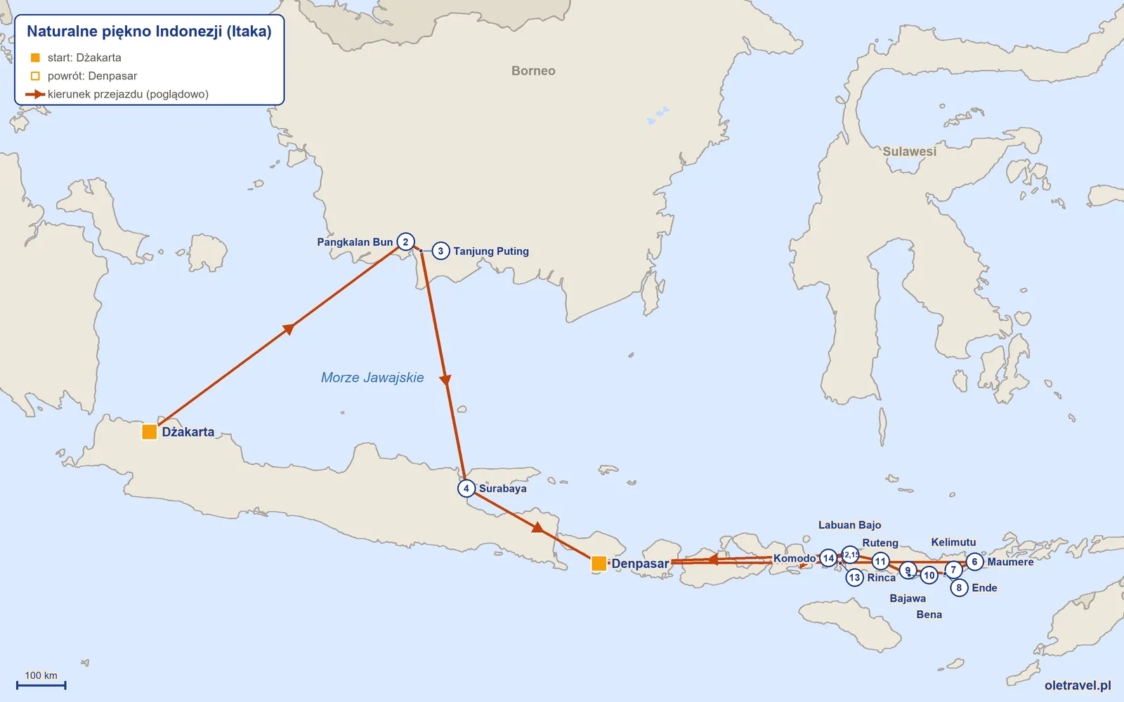 Mapa trasy wycieczki „Naturalne piękno Indonezji” z Itaką: Dżakarta – Pangkalan Bun – Tanjung Puting – Surabaya – Denpasar – Maumere – Kelimutu – Ende – Bajawa – Bena – Ruteng – Labuan Bajo – Rinca – Komodo – Labuan Bajo – Denpasar