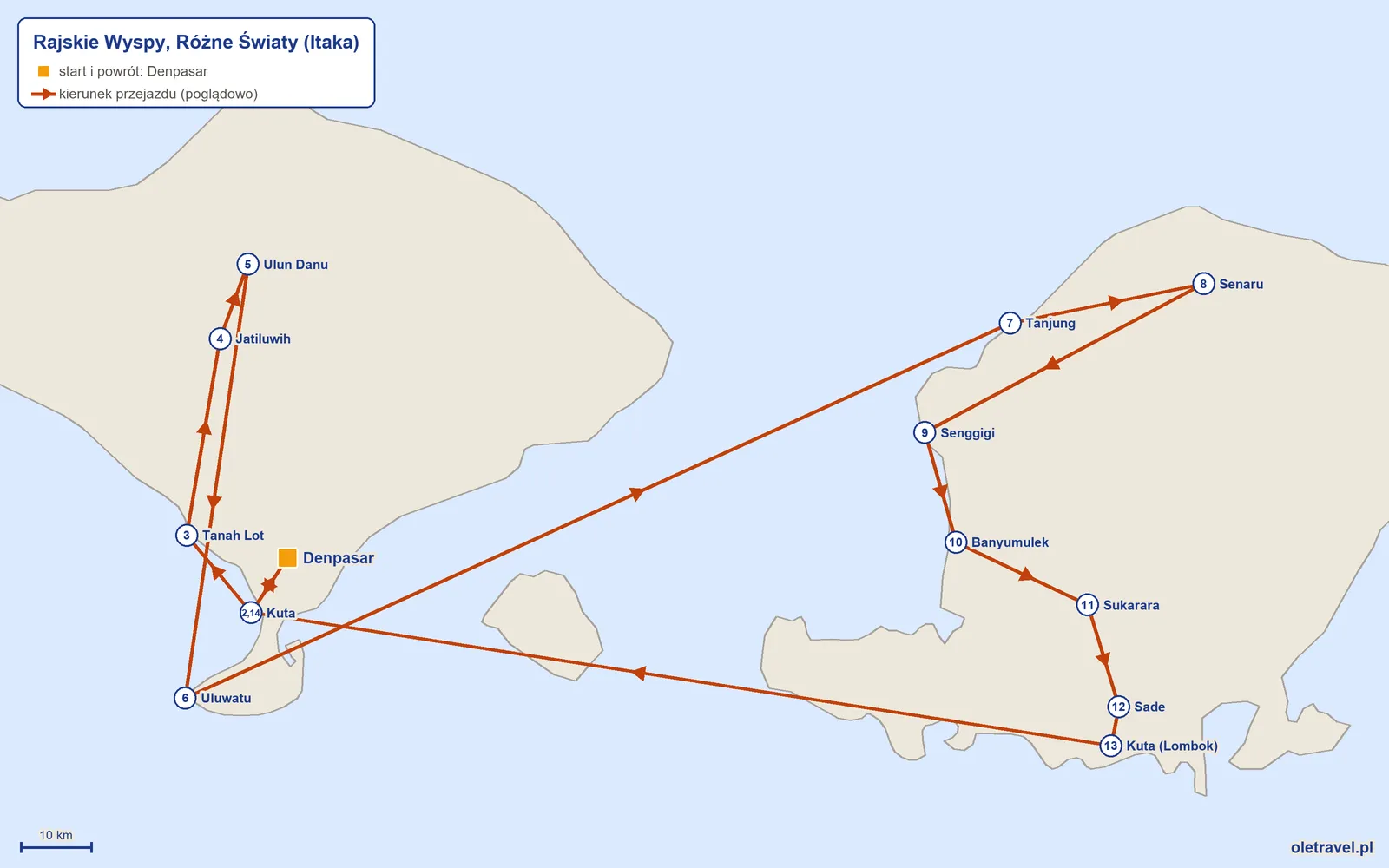 Mapa trasy wycieczki „Rajskie Wyspy, Różne Światy” z Itaką: Denpasar – Kuta – Tanah Lot – Jatiluwih – Ulun Danu – Uluwatu – Tanjung – Senaru – Senggigi – Banyumulek – Sukarara – Sade – Kuta (Lombok) – Kuta – Denpasar