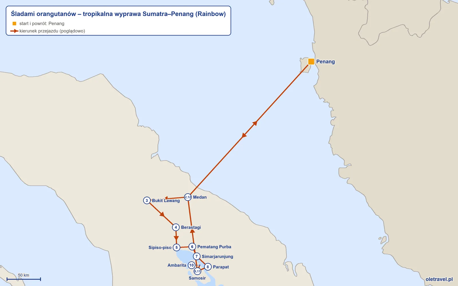Mapa trasy wycieczki „Śladami orangutanów – tropikalna wyprawa Sumatra–Penang” z Rainbow: Penang – Medan – Bukit Lawang – Berastagi – Sipiso-piso – Pematang Purba – Simarjarunjung – Parapat – Samosir – Ambarita – Samosir – Medan – Penang