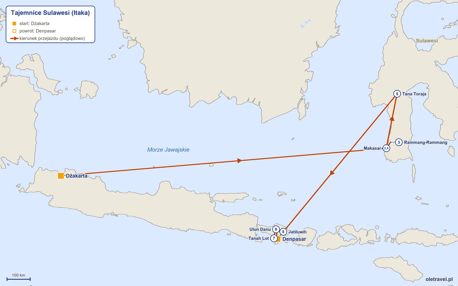 Mapa trasy wycieczki „Tajemnice Sulawesi” z Itaką: Dżakarta – Makasar – Rammang-Rammang – Makasar – Tana Toraja – Denpasar – Tanah Lot – Jatiluwih – Ulun Danu – Denpasar