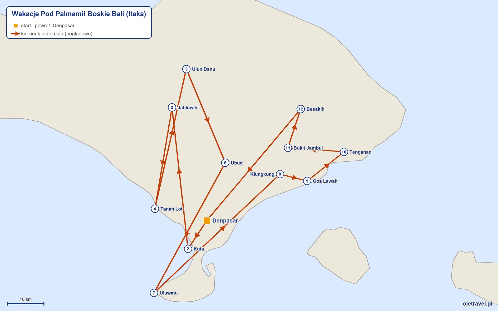 Mapa trasy wycieczki „Wakacje Pod Palmami! Boskie Bali” z Itaką: Denpasar – Kuta – Jatiluwih – Tanah Lot – Ulun Danu – Ubud – Uluwatu – Klungkung – Goa Lawah – Tenganan – Bukit Jambul – Besakih – Denpasar