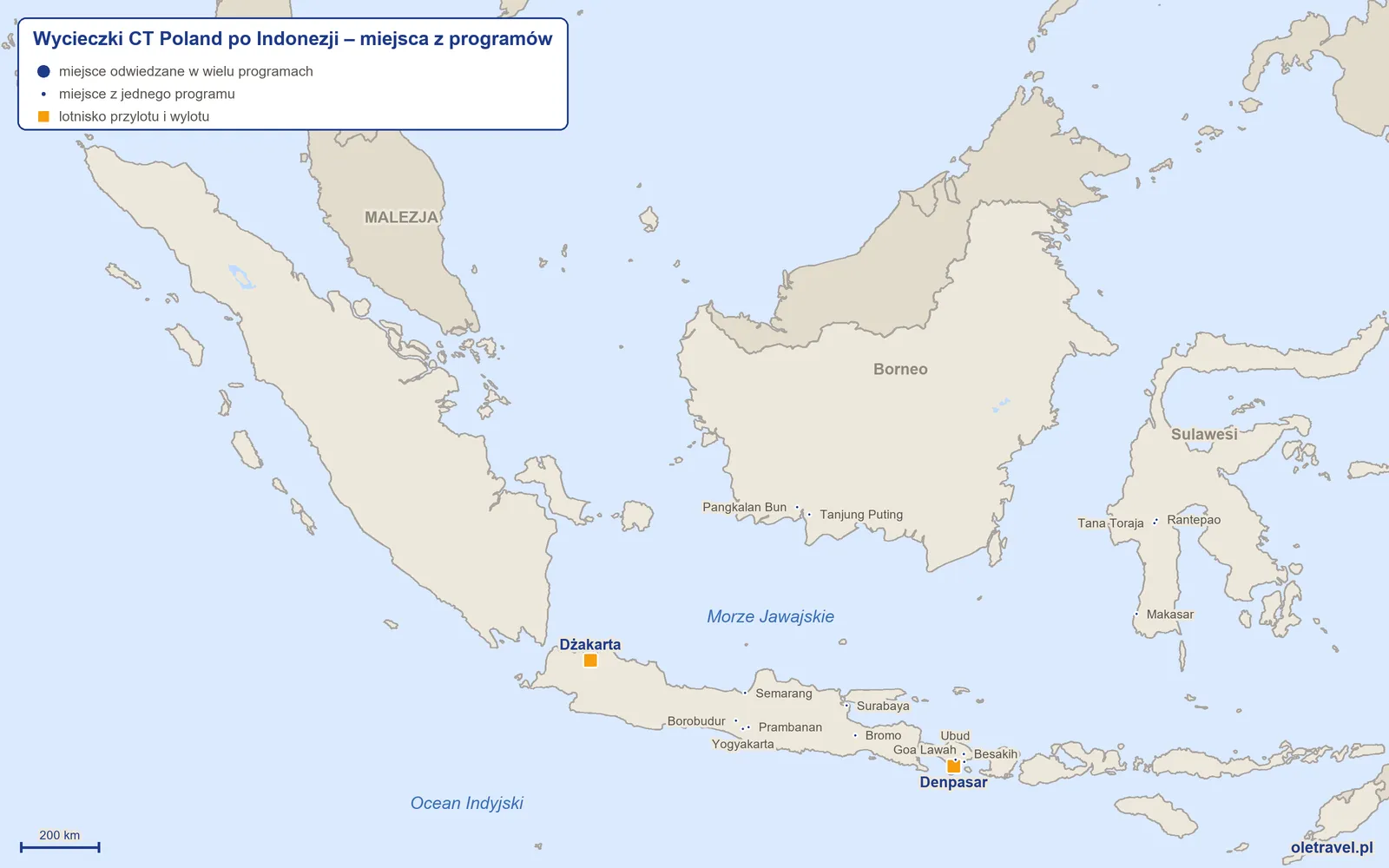 Mapa: Indonezja z miejscami z programów wycieczek objazdowych CT Poland