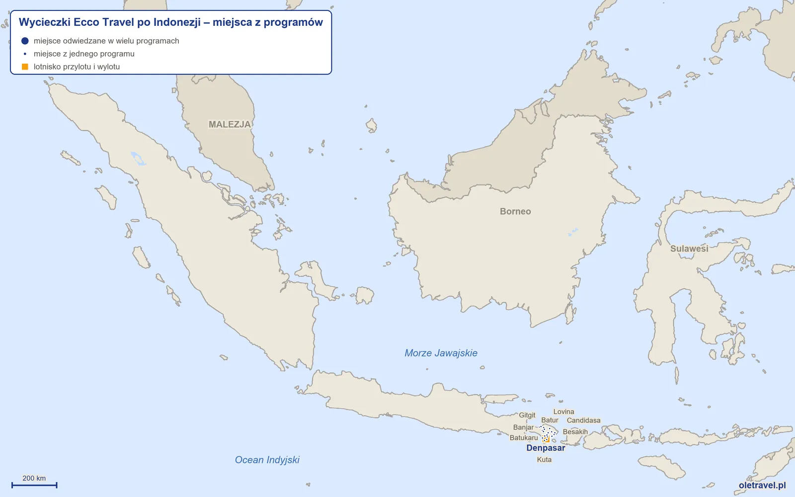 Mapa: Indonezja z miejscami z programów wycieczek objazdowych Ecco Travel