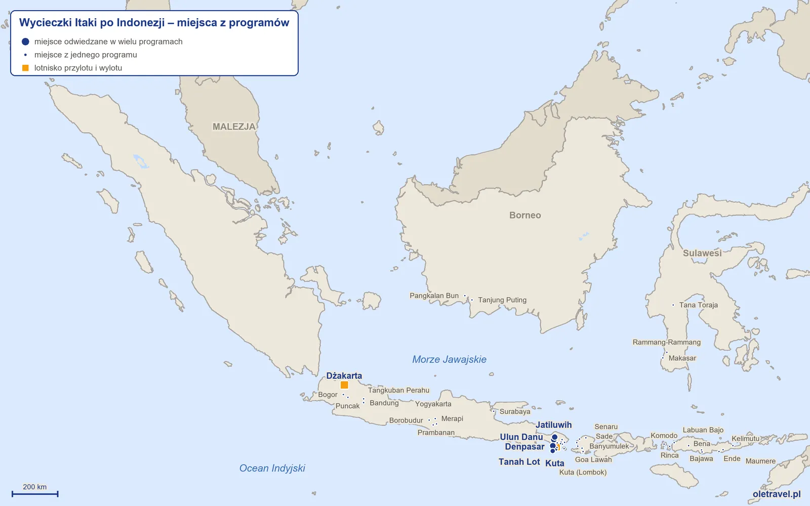 Mapa: Indonezja z miejscami z programów wycieczek objazdowych Itaki
