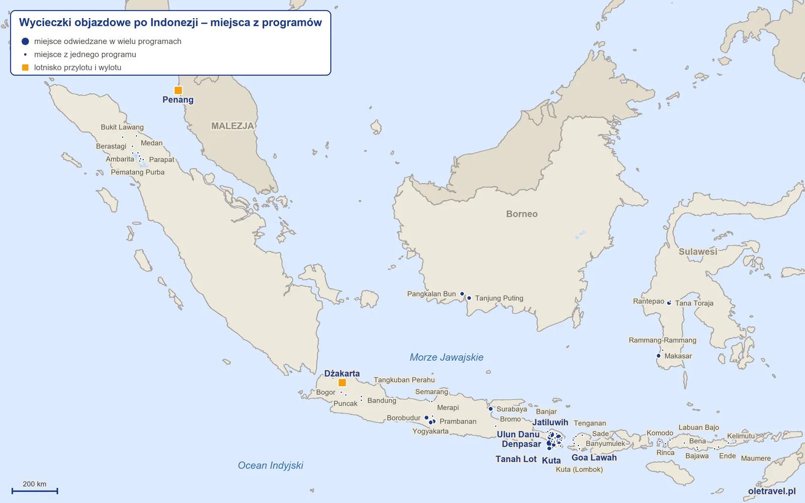 Mapa: Indonezja z miejscami odwiedzanymi na wycieczkach objazdowych z naszej oferty