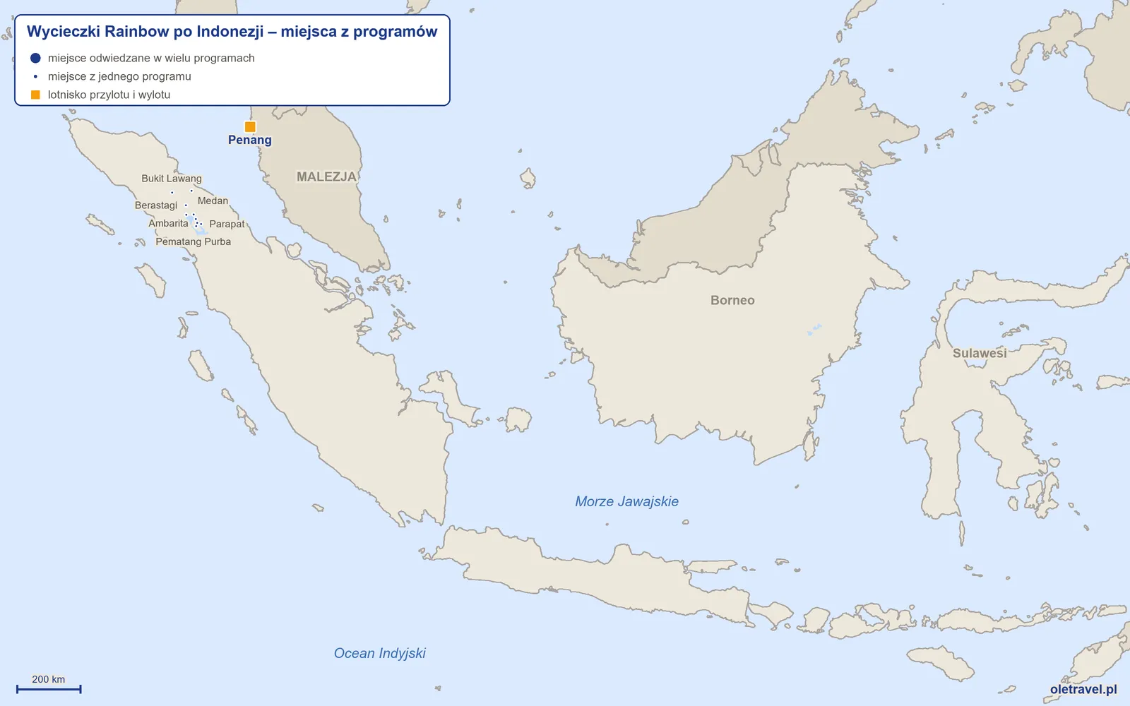 Mapa: Indonezja z miejscami z programów wycieczek objazdowych Rainbow