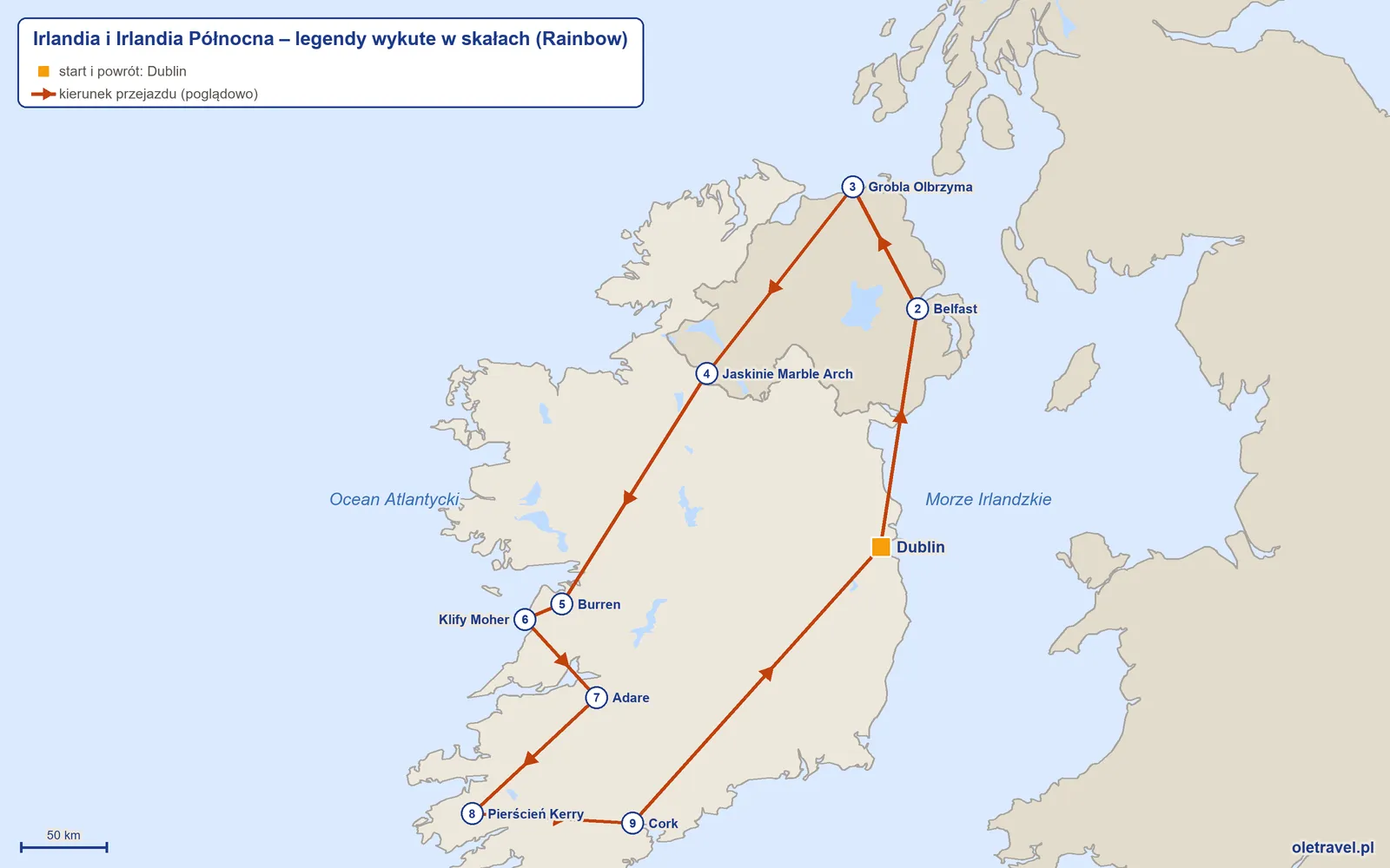 Mapa trasy wycieczki „Irlandia i Irlandia Północna – legendy wykute w skałach” z Rainbow: Dublin – Belfast – Grobla Olbrzyma – Jaskinie Marble Arch – Burren – Klify Moher – Adare – Pierścień Kerry – Cork – Dublin