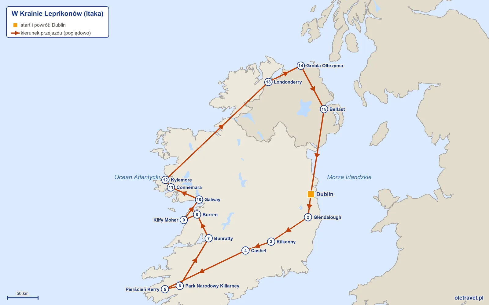 Mapa trasy wycieczki „W Krainie Leprikonów” z Itaką: Dublin – Glendalough – Kilkenny – Cashel – Pierścień Kerry – Park Narodowy Killarney – Bunratty – Burren – Klify Moher – Galway – Connemara – Kylemore – Londonderry – Grobla Olbrzyma – Belfast – Dublin