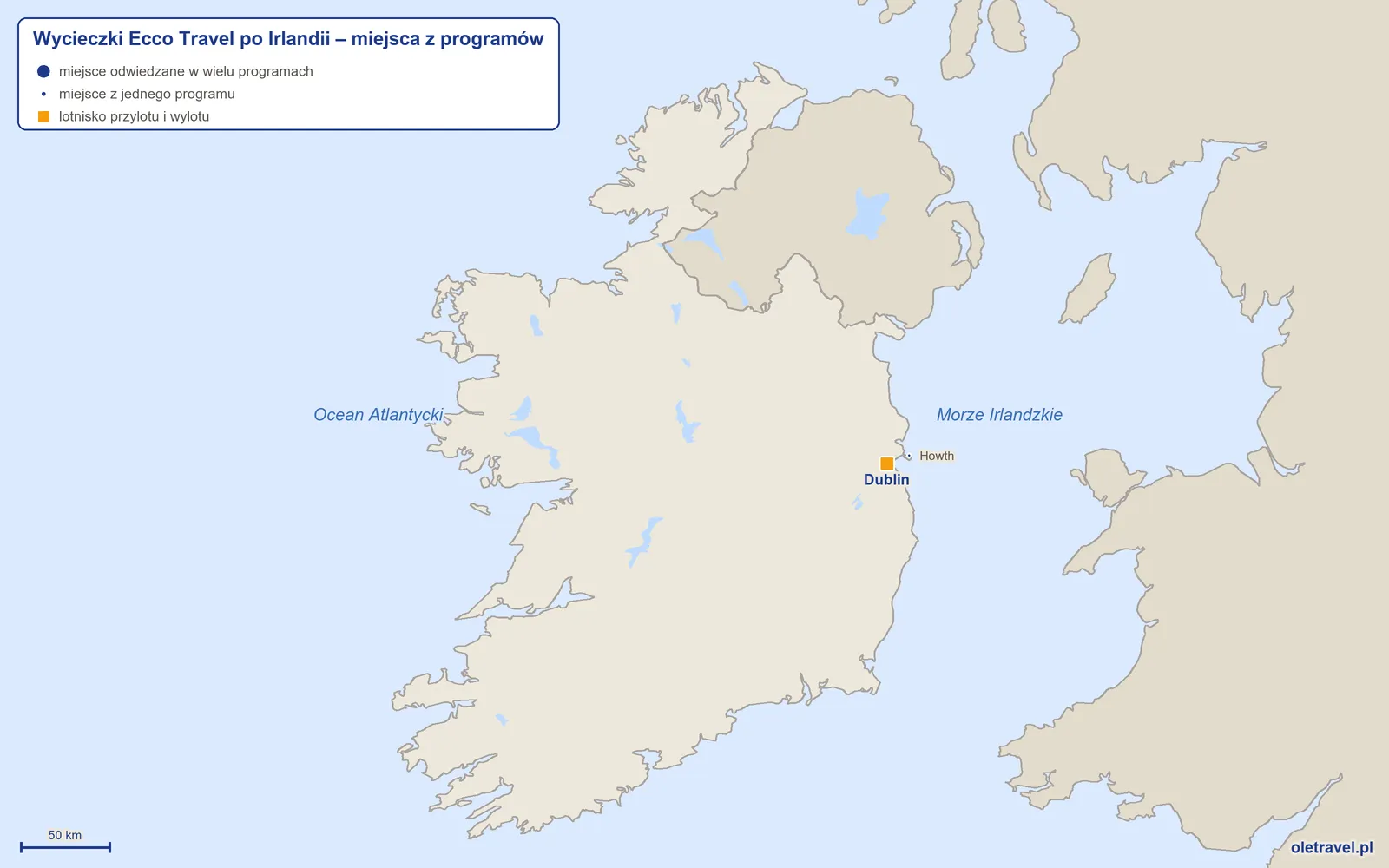 Mapa: Irlandia z miejscami z programów wycieczek objazdowych Ecco Travel