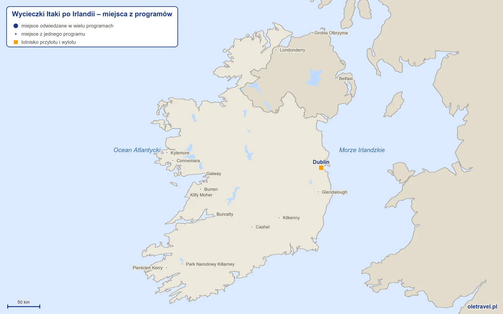 Mapa: Irlandia z miejscami z programów wycieczek objazdowych Itaki