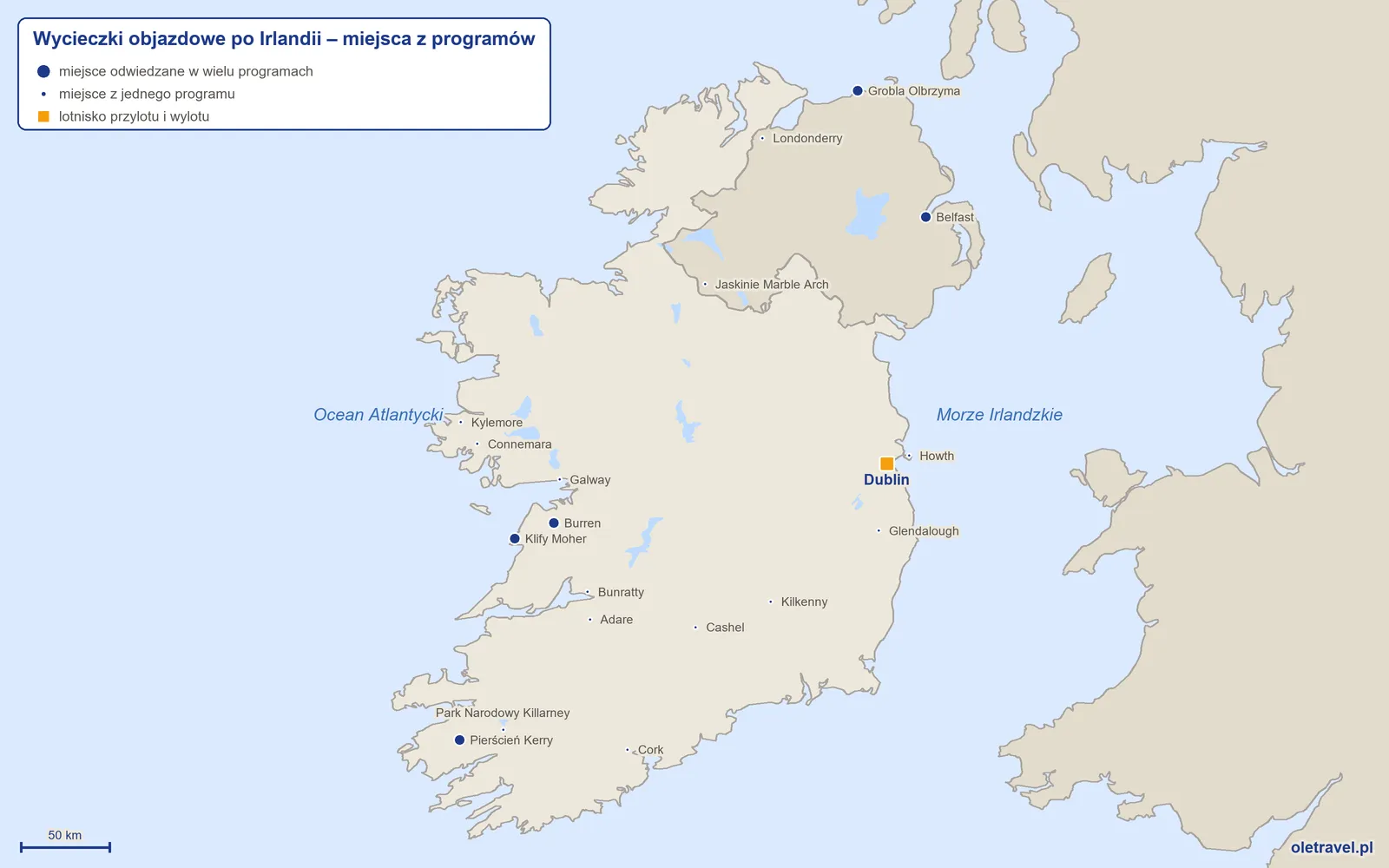 Mapa: Irlandia z miejscami odwiedzanymi na wycieczkach objazdowych z naszej oferty