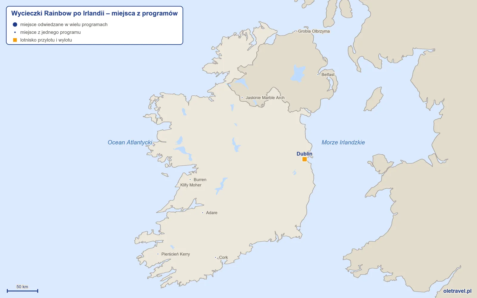 Mapa: Irlandia z miejscami z programów wycieczek objazdowych Rainbow