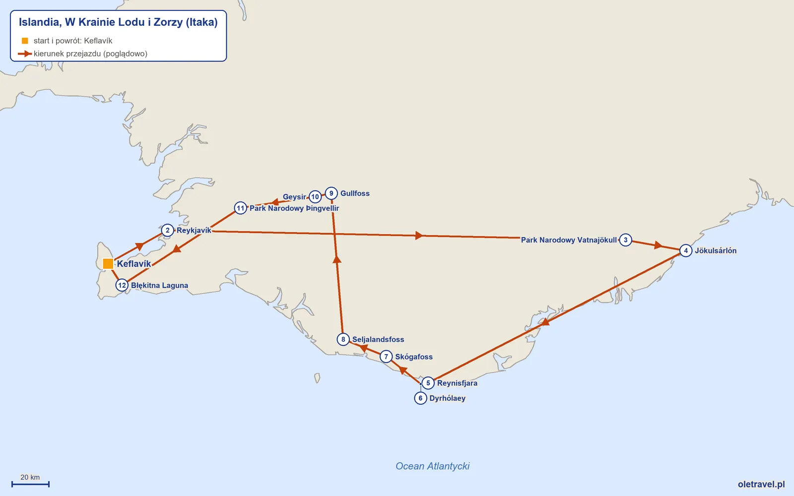 Mapa trasy wycieczki „Islandia, W Krainie Lodu i Zorzy” z Itaką: Keflavík – Reykjavík – Park Narodowy Vatnajökull – Jökulsárlón – Reynisfjara – Dyrhólaey – Skógafoss – Seljalandsfoss – Gullfoss – Geysir – Park Narodowy Þingvellir – Błękitna Laguna – Keflavík