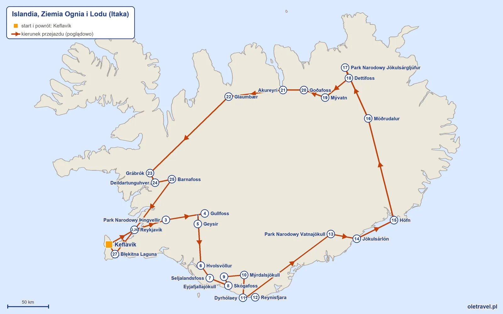 Mapa trasy wycieczki „Islandia, Ziemia Ognia i Lodu” z Itaką: Keflavík – Reykjavík – Park Narodowy Þingvellir – Gullfoss – Geysir – Hvolsvöllur – Seljalandsfoss – Skógafoss – Eyjafjallajökull – Mýrdalsjökull – Dyrhólaey – Reynisfjara – Park Narodowy Vatnajökull – Jökulsárlón – Höfn – Möðrudalur – Park Narodowy Jökulsárgljúfur – Dettifoss – Mývatn – Goðafoss – Akureyri – Glaumbær – Grábrók – Deildartunguhver – Barnafoss – Reykjavík – Błękitna Laguna – Keflavík
