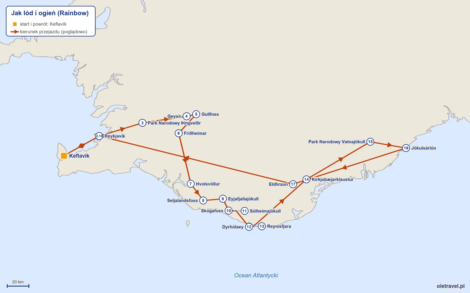 Mapa trasy wycieczki „Jak lód i ogień” z Rainbow: Keflavík – Reykjavík – Park Narodowy Þingvellir – Geysir – Gullfoss – Friðheimar – Hvolsvöllur – Seljalandsfoss – Eyjafjallajökull – Skógafoss – Sólheimajökull – Dyrhólaey – Reynisfjara – Kirkjubæjarklaustur – Park Narodowy Vatnajökull – Jökulsárlón – Eldhraun – Reykjavík – Keflavík