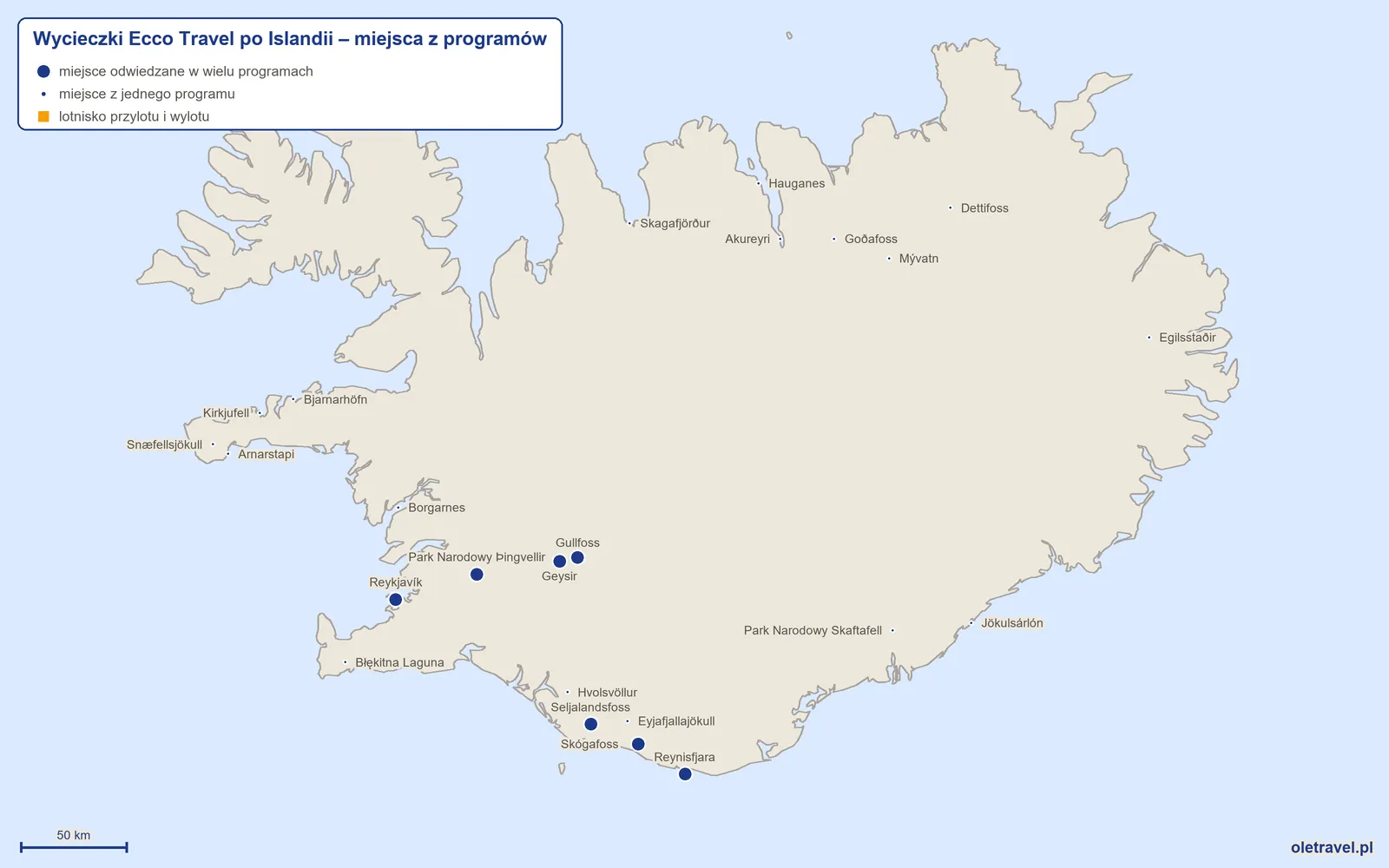 Mapa: Islandia z miejscami z programów wycieczek objazdowych Ecco Travel
