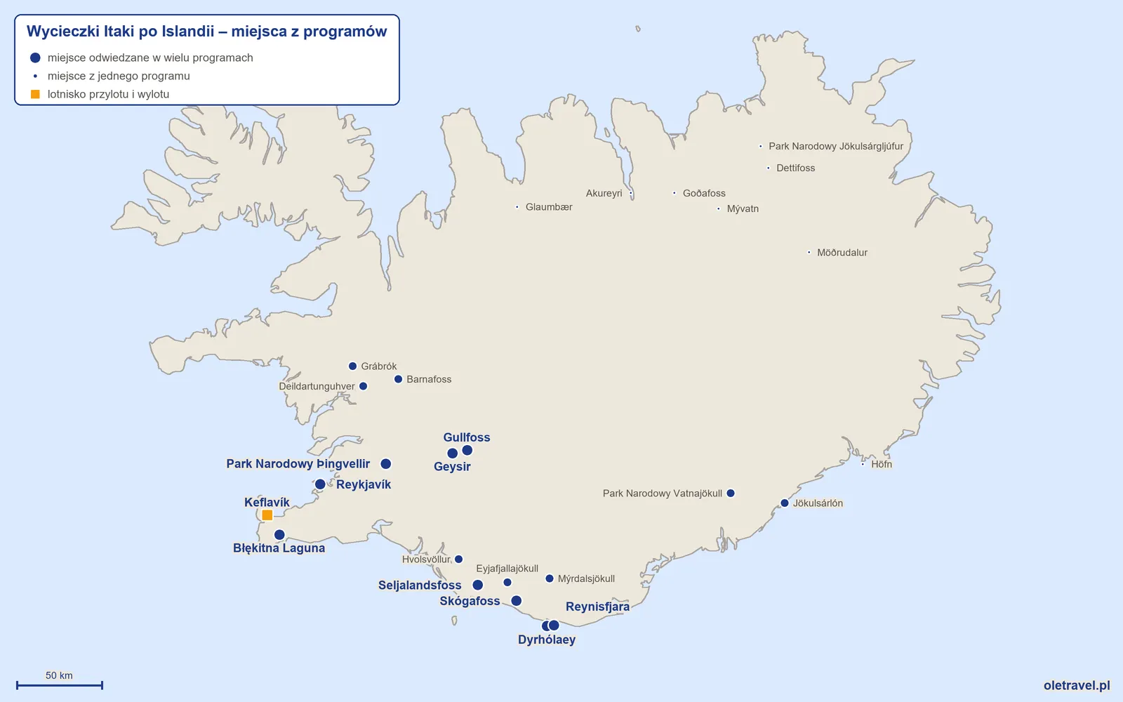 Mapa: Islandia z miejscami z programów wycieczek objazdowych Itaki