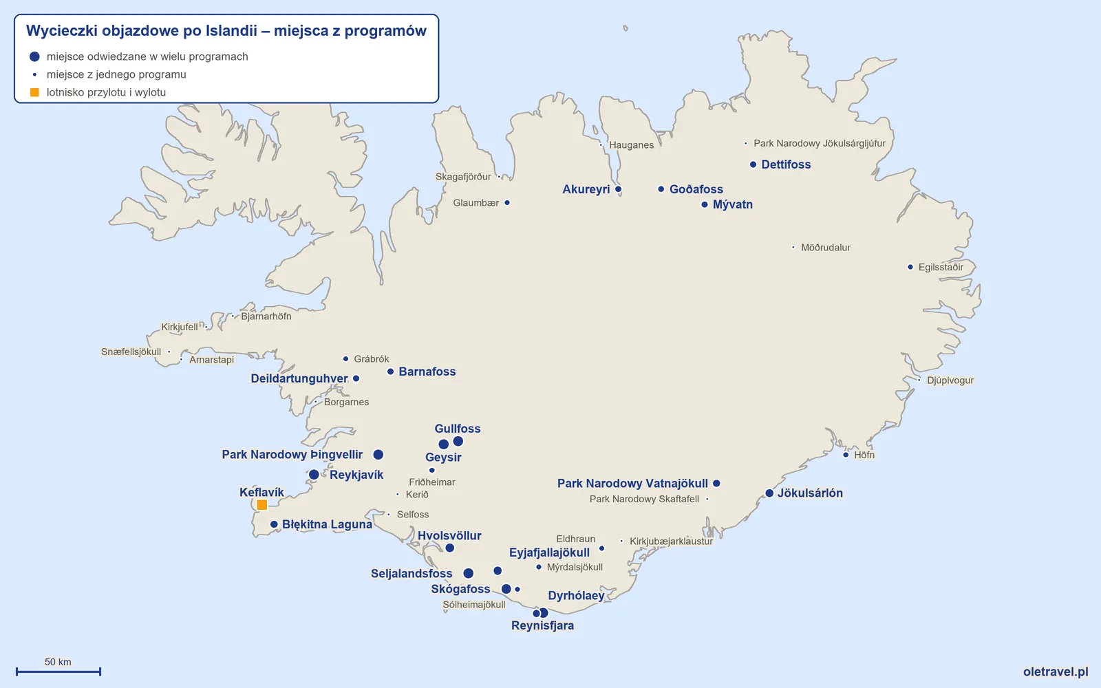 Mapa: Islandia z miejscami odwiedzanymi na wycieczkach objazdowych z naszej oferty