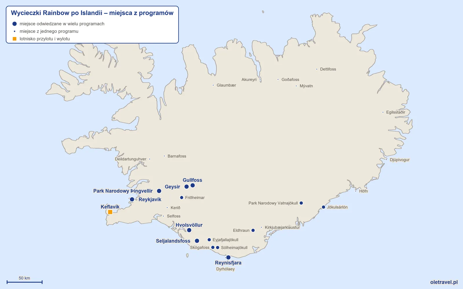 Mapa: Islandia z miejscami z programów wycieczek objazdowych Rainbow
