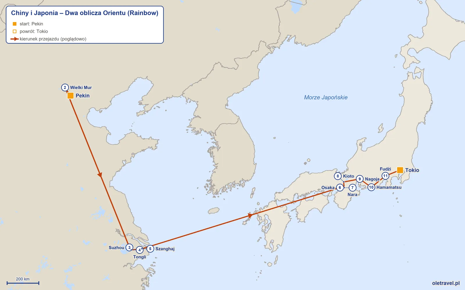 Mapa trasy wycieczki „Chiny i Japonia – Dwa oblicza Orientu” z Rainbow: Pekin – Wielki Mur – Suzhou – Tongli – Szanghaj – Osaka – Nara – Kioto – Nagoja – Hamamatsu – Fudżi – Tokio