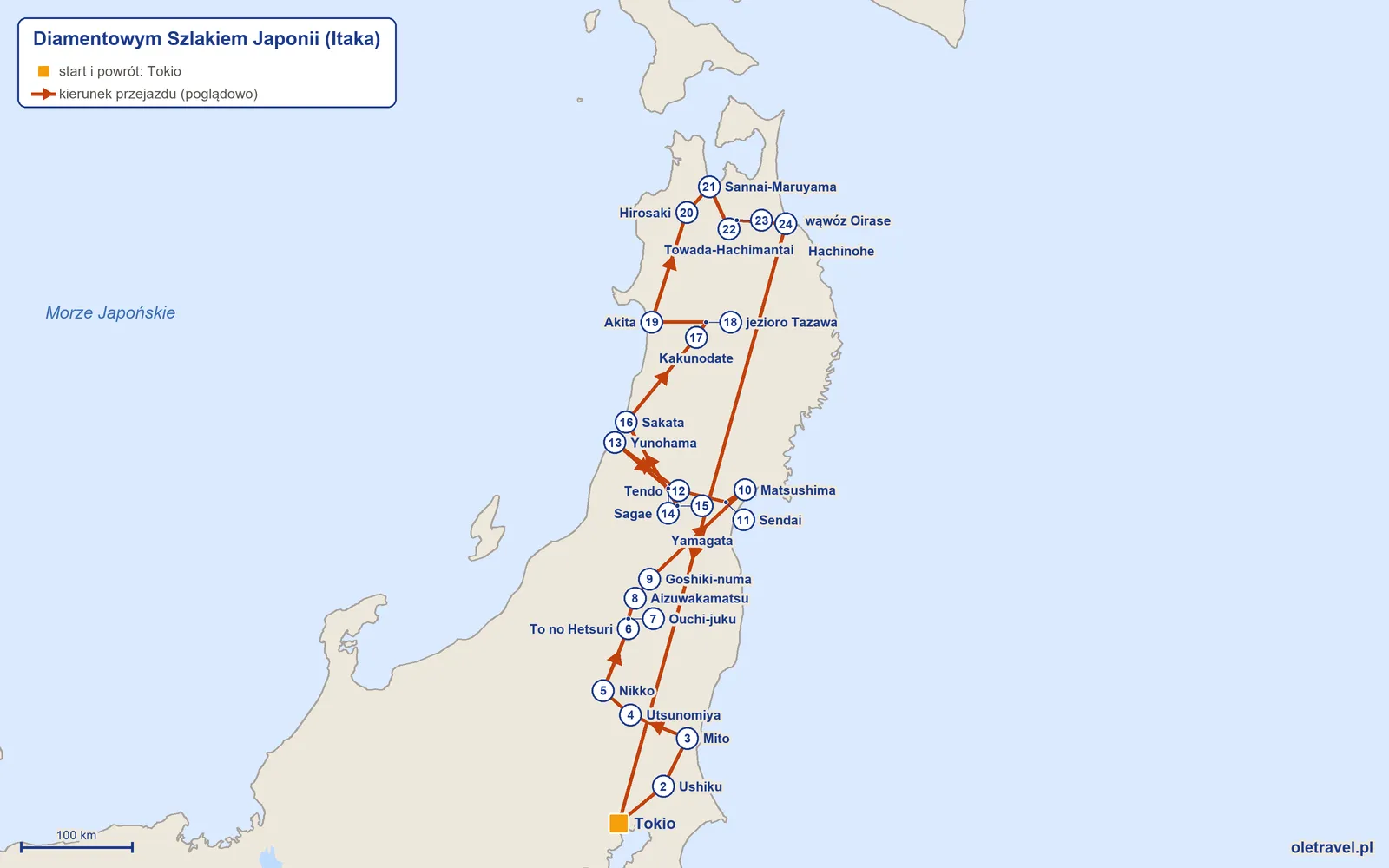 Mapa trasy wycieczki „Diamentowym Szlakiem Japonii” z Itaką: Tokio – Ushiku – Mito – Utsunomiya – Nikko – To no Hetsuri – Ouchi-juku – Aizuwakamatsu – Goshiki-numa – Matsushima – Sendai – Tendo – Yunohama – Sagae – Yamagata – Sakata – Kakunodate – jezioro Tazawa – Akita – Hirosaki – Sannai-Maruyama – Towada-Hachimantai – wąwóz Oirase – Hachinohe – Tokio