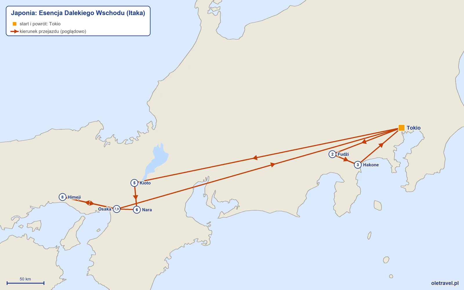 Mapa trasy wycieczki „Japonia: Esencja Dalekiego Wschodu” z Itaką: Tokio – Fudżi – Hakone – Tokio – Kioto – Nara – Osaka – Himeji – Osaka – Tokio