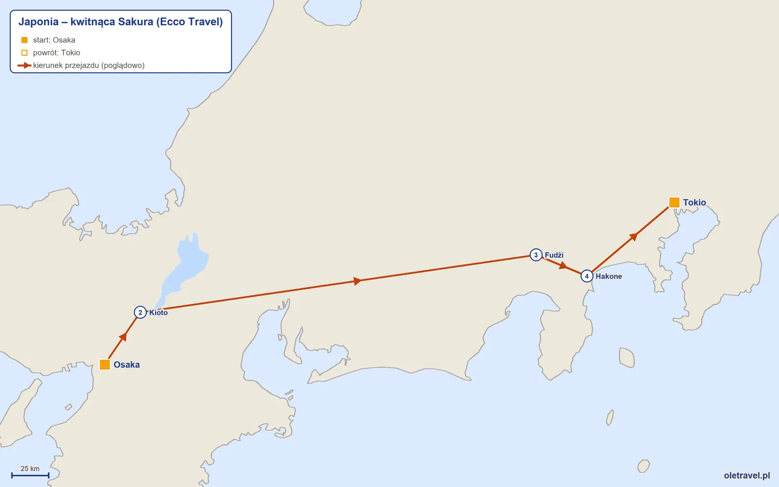 Mapa trasy wycieczki „Japonia – kwitnąca Sakura” z Ecco Travel: Osaka – Kioto – Fudżi – Hakone – Tokio