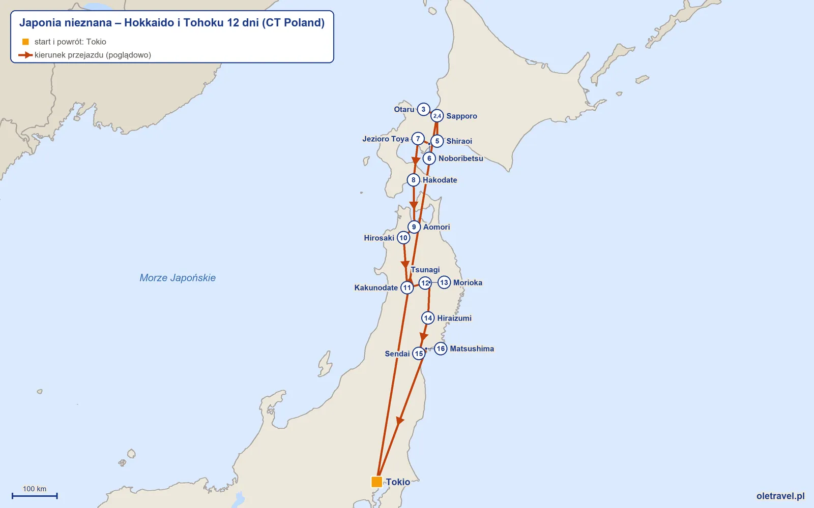Mapa trasy wycieczki „Japonia nieznana – Hokkaido i Tohoku 12 dni” z CT Poland: Tokio – Sapporo – Otaru – Sapporo – Shiraoi – Noboribetsu – Jezioro Toya – Hakodate – Aomori – Hirosaki – Kakunodate – Tsunagi – Morioka – Hiraizumi – Sendai – Matsushima – Tokio