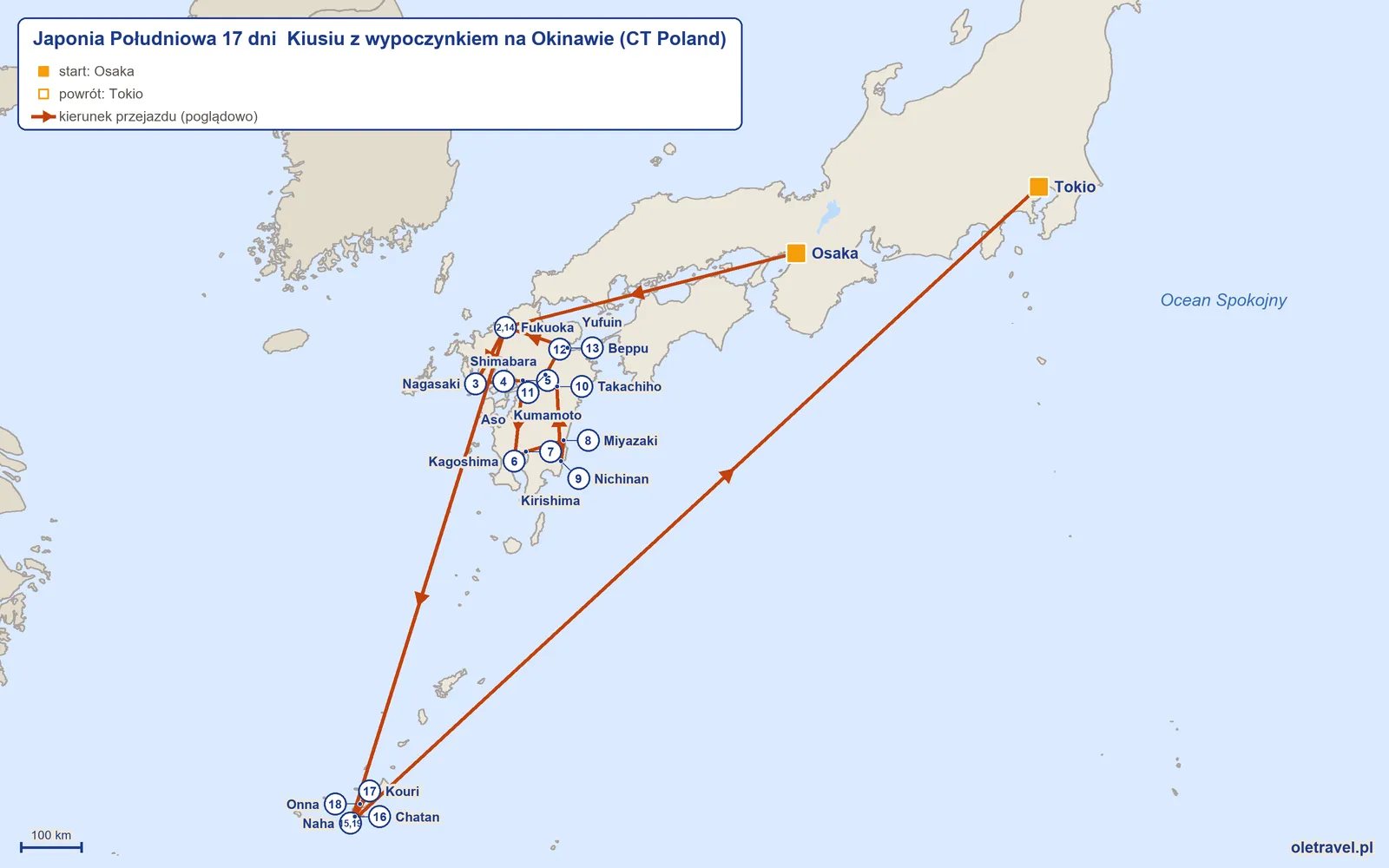 Mapa trasy wycieczki „Japonia Południowa 17 dni Kiusiu z wypoczynkiem na Okinawie” z CT Poland: Osaka – Fukuoka – Nagasaki – Shimabara – Kumamoto – Kagoshima – Kirishima – Miyazaki – Nichinan – Takachiho – Aso – Yufuin – Beppu – Fukuoka – Naha – Chatan – Kouri – Onna – Naha – Tokio
