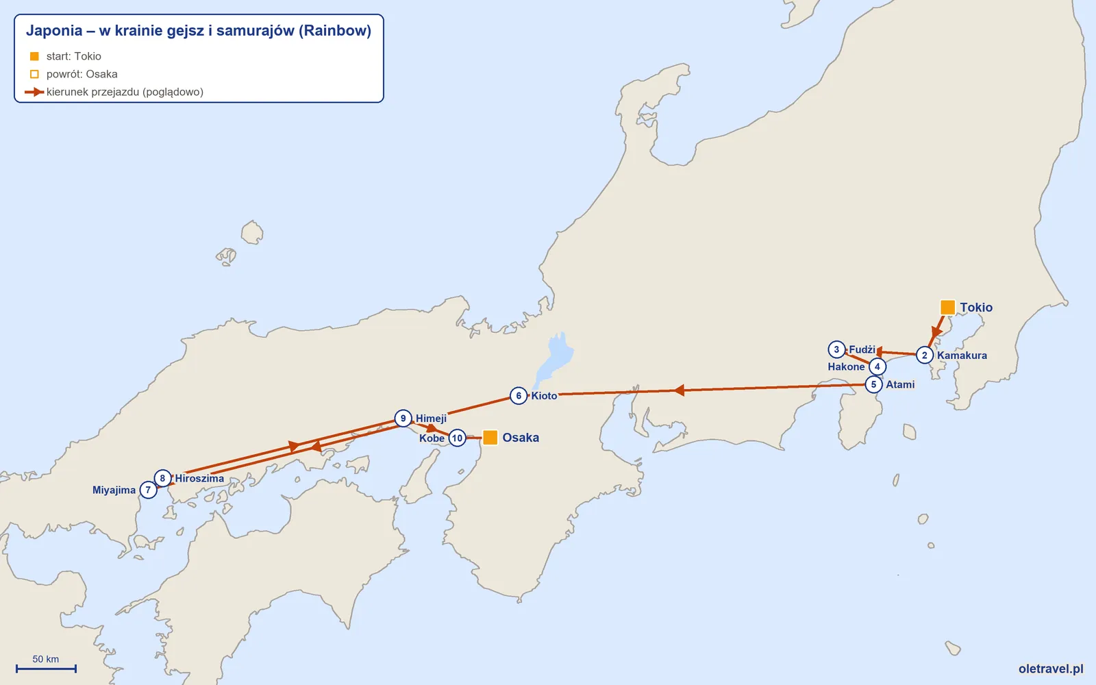 Mapa trasy wycieczki „Japonia – w krainie gejsz i samurajów” z Rainbow: Tokio – Kamakura – Fudżi – Hakone – Atami – Kioto – Miyajima – Hiroszima – Himeji – Kobe – Osaka