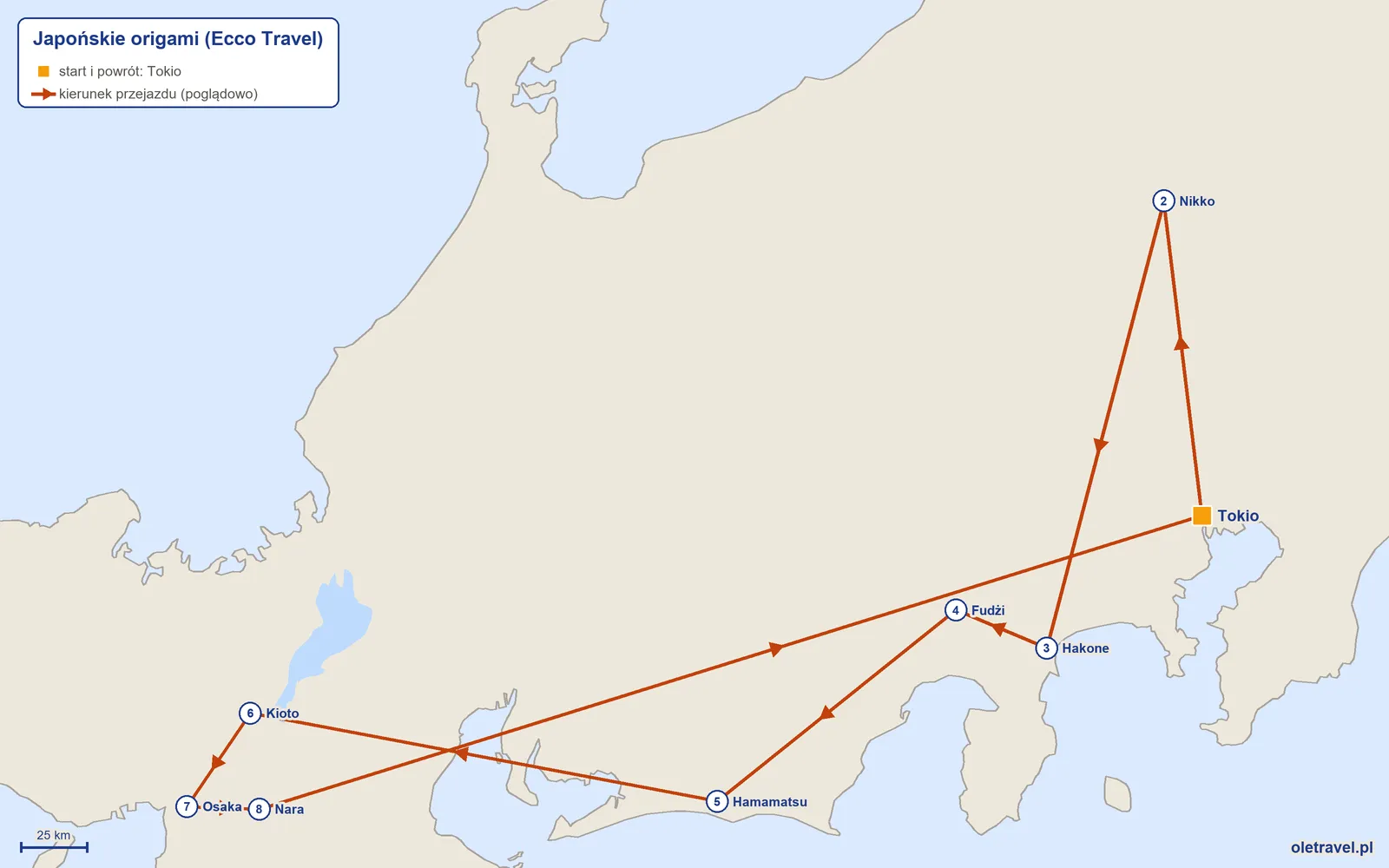Mapa trasy wycieczki „Japońskie origami” z Ecco Travel: Tokio – Nikko – Hakone – Fudżi – Hamamatsu – Kioto – Osaka – Nara – Tokio