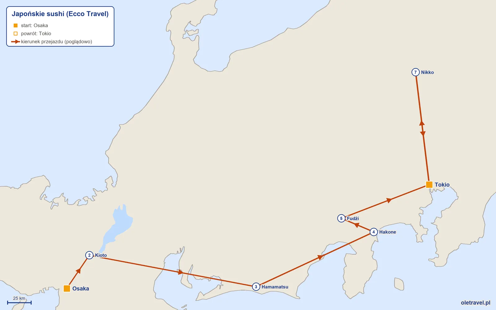 Mapa trasy wycieczki „Japońskie sushi” z Ecco Travel: Osaka – Kioto – Hamamatsu – Hakone – Fudżi – Tokio – Nikko – Tokio