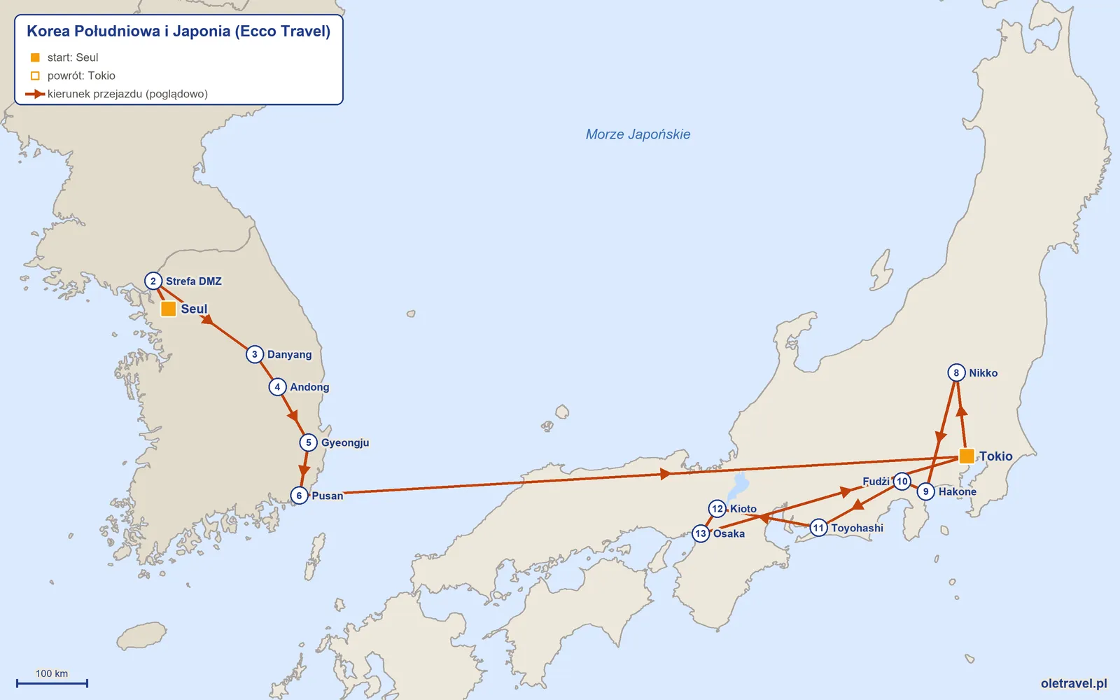 Mapa trasy wycieczki „Korea Południowa i Japonia” z Ecco Travel: Seul – Strefa DMZ – Danyang – Andong – Gyeongju – Pusan – Tokio – Nikko – Hakone – Fudżi – Toyohashi – Kioto – Osaka – Tokio