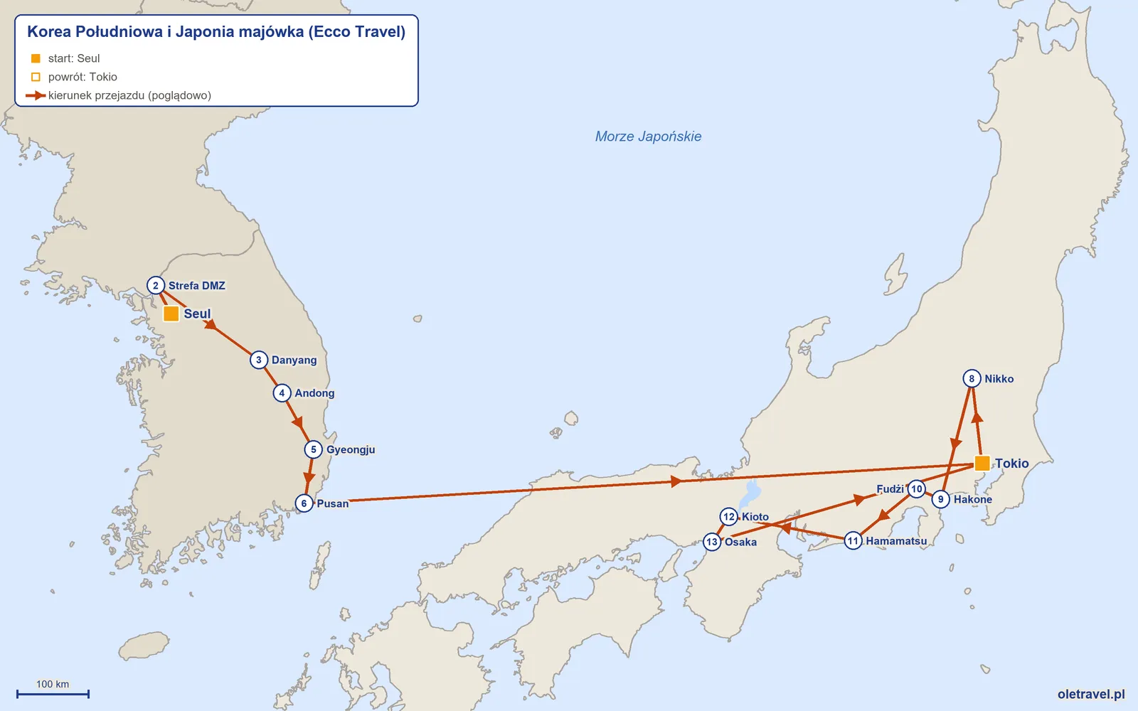 Mapa trasy wycieczki „Korea Południowa i Japonia majówka” z Ecco Travel: Seul – Strefa DMZ – Danyang – Andong – Gyeongju – Pusan – Tokio – Nikko – Hakone – Fudżi – Hamamatsu – Kioto – Osaka – Tokio
