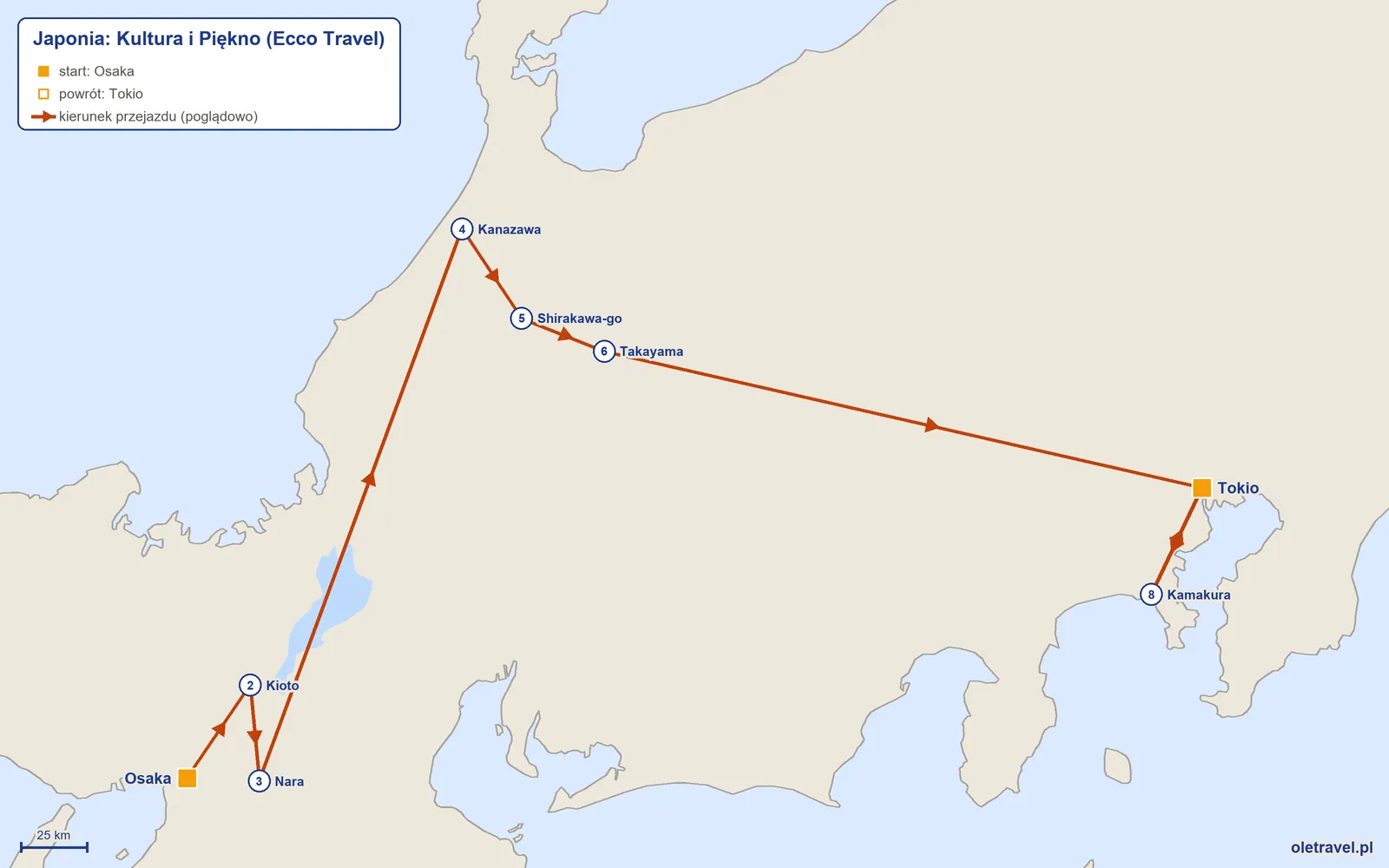 Mapa trasy wycieczki „Japonia: Kultura i Piękno” z Ecco Travel: Osaka – Kioto – Nara – Kanazawa – Shirakawa-go – Takayama – Tokio – Kamakura – Tokio