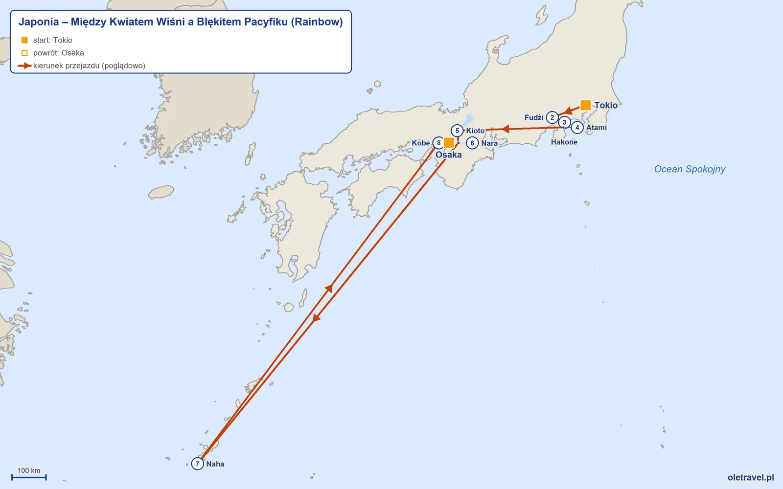 Mapa trasy wycieczki „Japonia – Między Kwiatem Wiśni a Błękitem Pacyfiku” z Rainbow: Tokio – Fudżi – Hakone – Atami – Kioto – Nara – Naha – Kobe – Osaka