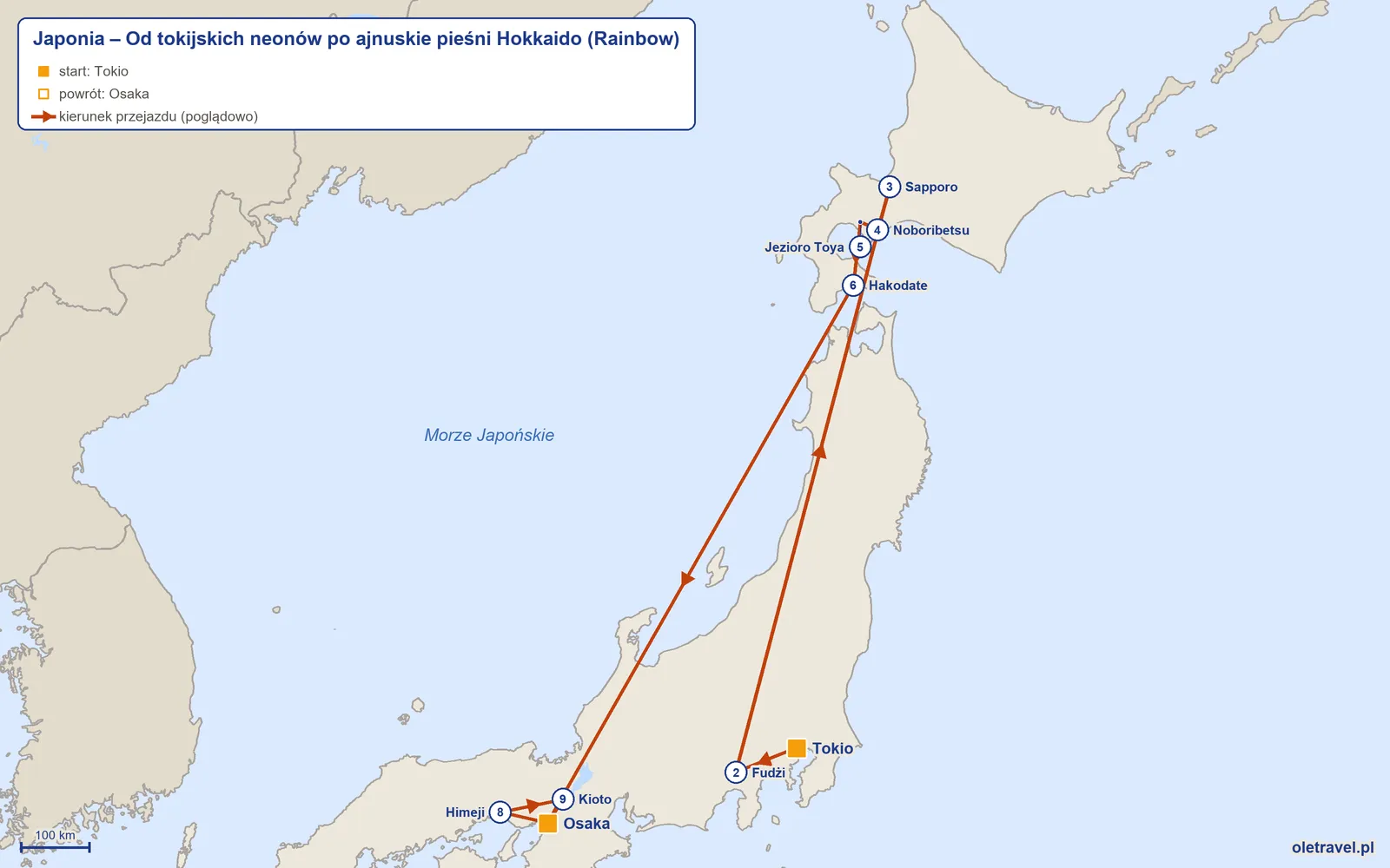 Mapa trasy wycieczki „Japonia – Od tokijskich neonów po ajnuskie pieśni Hokkaido” z Rainbow: Tokio – Fudżi – Sapporo – Noboribetsu – Jezioro Toya – Hakodate – Osaka – Himeji – Kioto – Osaka