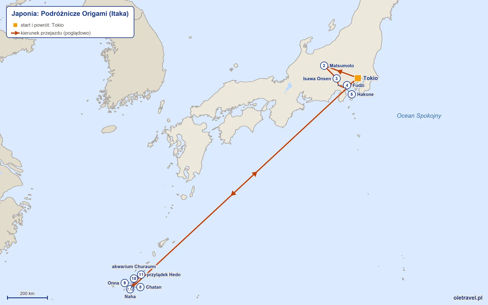 Mapa trasy wycieczki „Japonia: Podróżnicze Origami” z Itaką: Tokio – Matsumoto – Isawa Onsen – Fudżi – Hakone – Tokio – Naha – Chatan – Onna – akwarium Churaumi – przylądek Hedo – Naha – Tokio