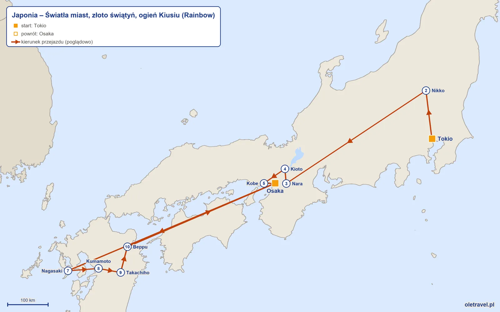 Mapa trasy wycieczki „Japonia – Światła miast, złoto świątyń, ogień Kiusiu” z Rainbow: Tokio – Nikko – Nara – Kioto – Kobe – Osaka – Nagasaki – Kumamoto – Takachiho – Beppu – Osaka