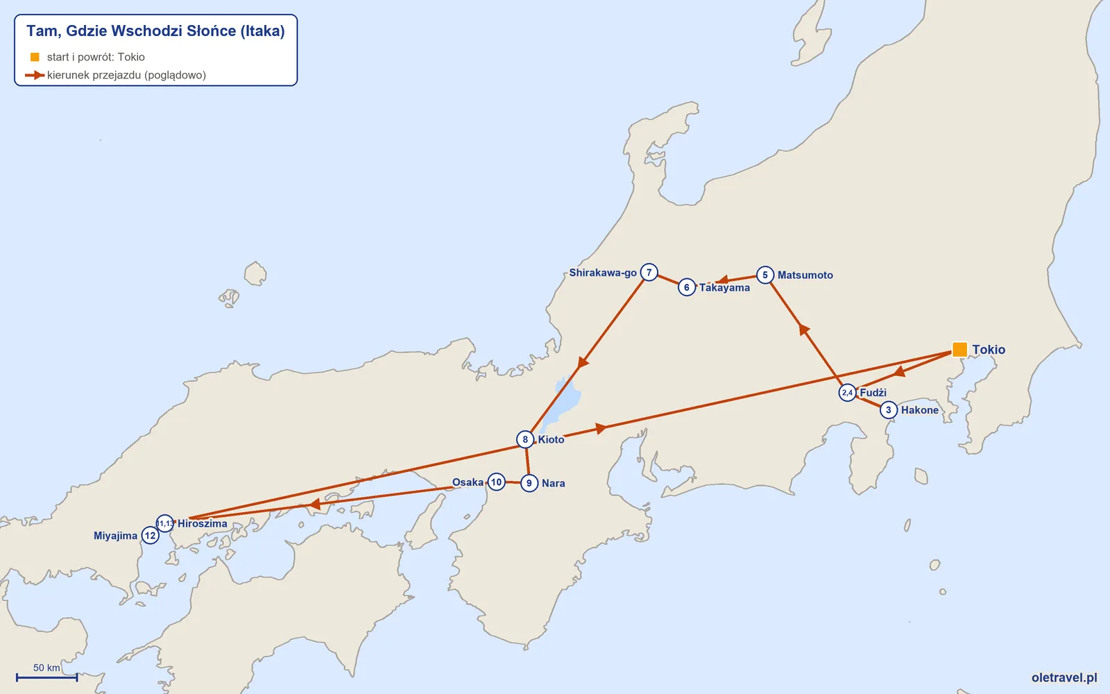 Mapa trasy wycieczki „Tam, Gdzie Wschodzi Słońce” z Itaką: Tokio – Fudżi – Hakone – Fudżi – Matsumoto – Takayama – Shirakawa-go – Kioto – Nara – Osaka – Hiroszima – Miyajima – Hiroszima – Tokio