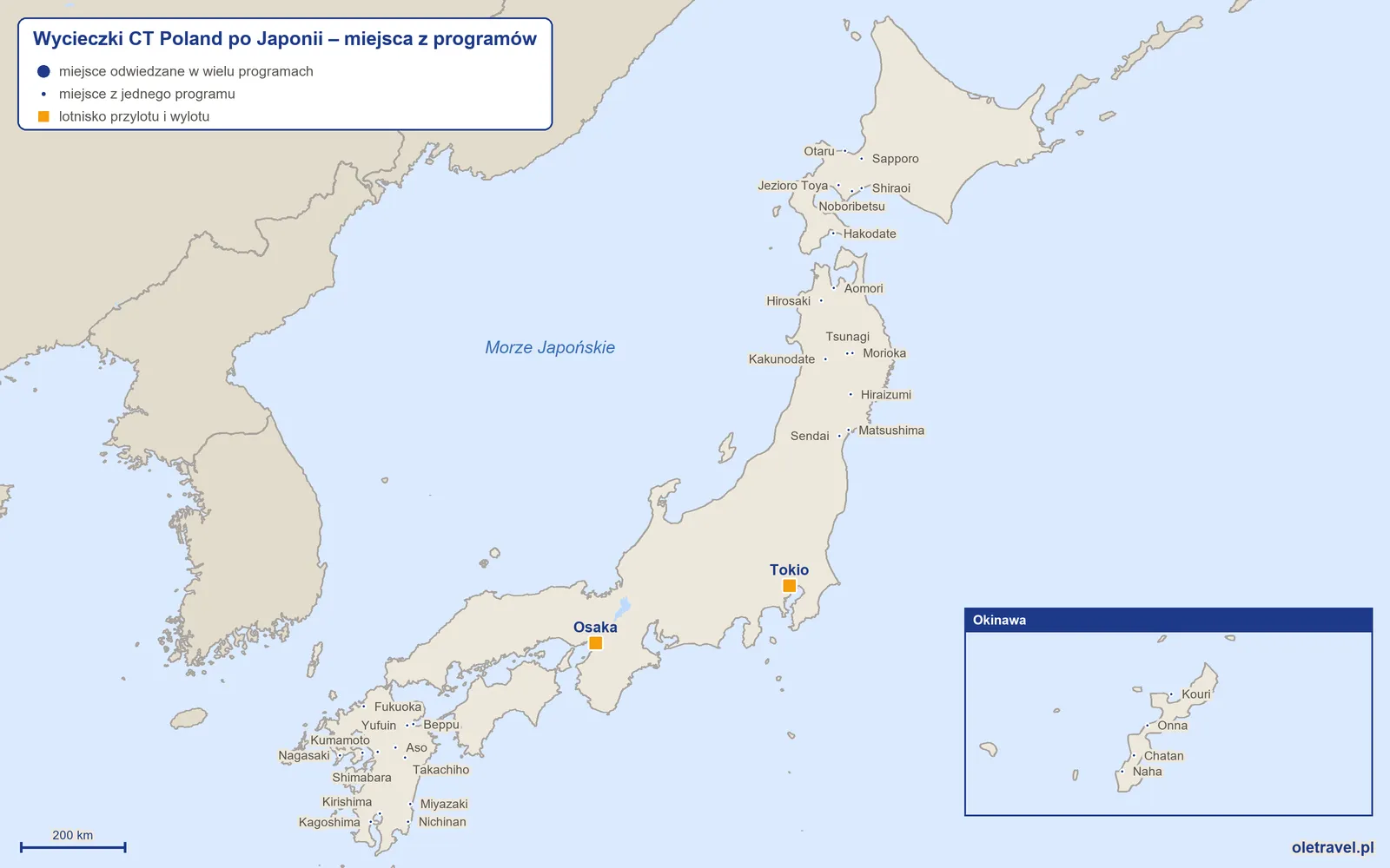 Mapa: Japonia z miejscami z programów wycieczek objazdowych CT Poland